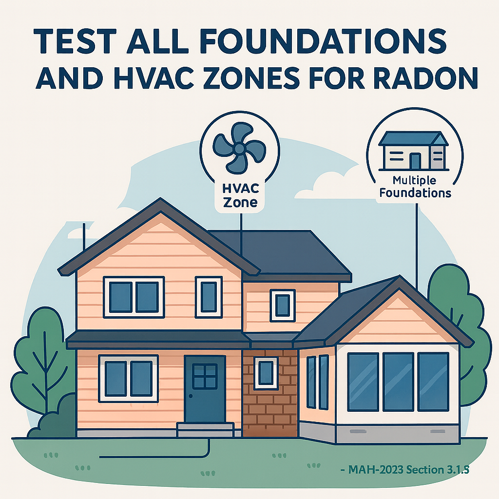 House diagram showing multiple foundation and HVAC zones for radon testing